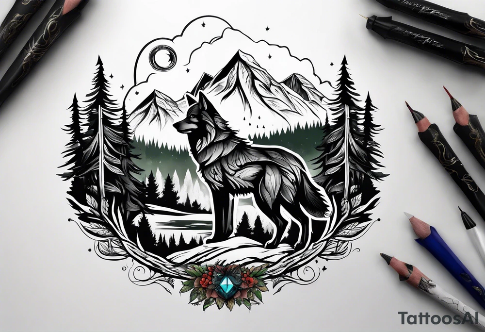 Forest and mountains in wolf body tattoo idea