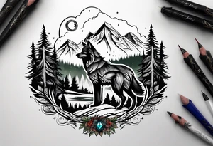 Forest and mountains in wolf body tattoo idea