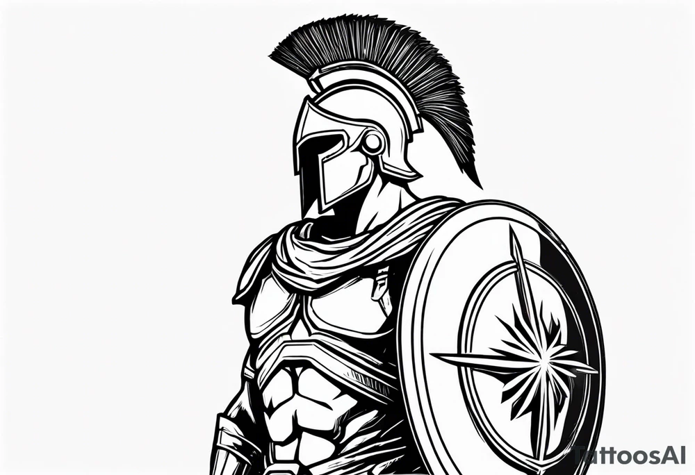 rectangular landscape format ultra-fine line linework vector of a spartan from the side, spartan spear, spartan shield, laurel wreath tattoo idea