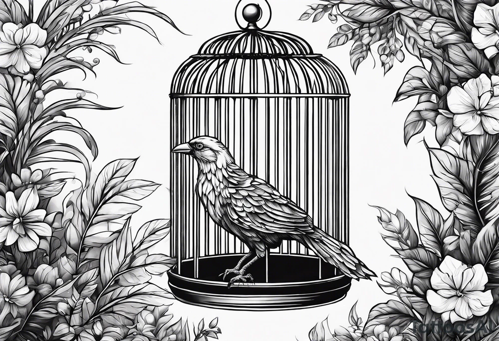 really big bird in a long but too small cage for him. Add decoration on the left top of the cage like 
foliage tattoo idea