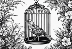 really big bird in a long but too small cage for him. Add decoration on the left top of the cage like 
foliage tattoo idea