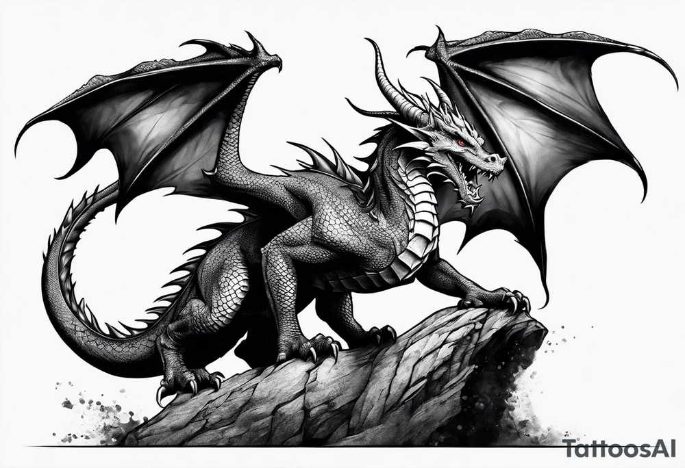 Realistic Medieval dragon climbing showing back tattoo idea