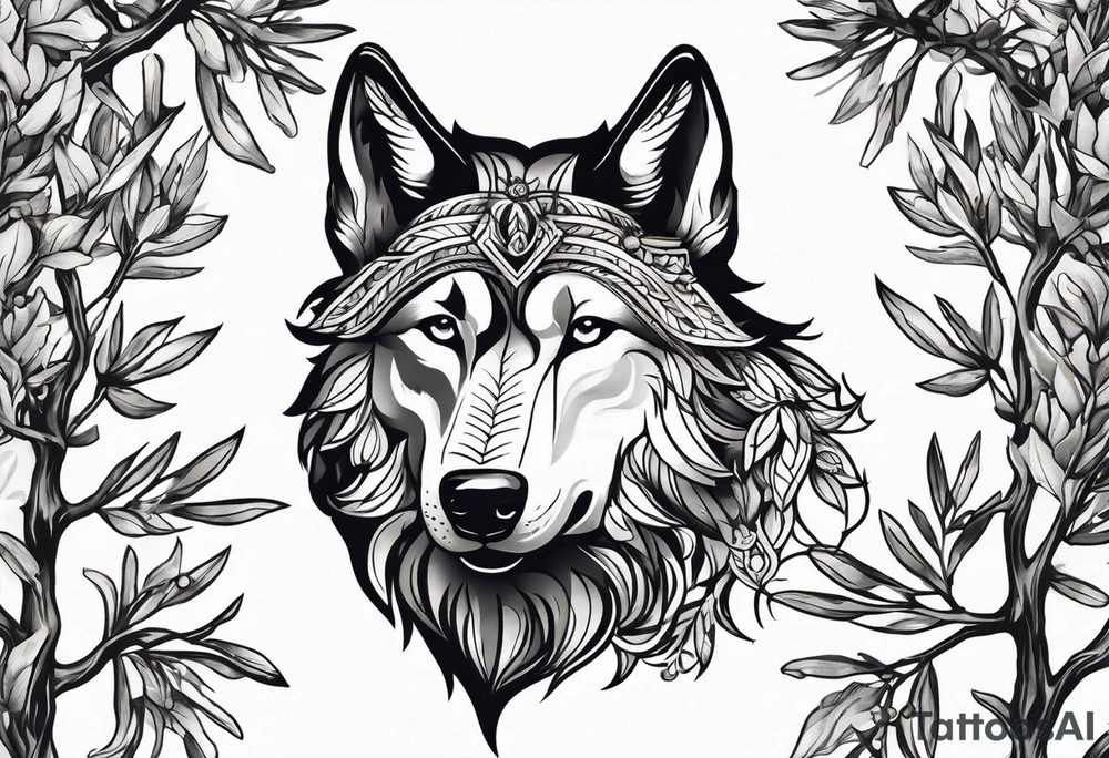 howling wolf drawn with olive tree branches and leaves tattoo idea