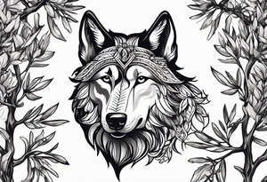 howling wolf drawn with olive tree branches and leaves tattoo idea