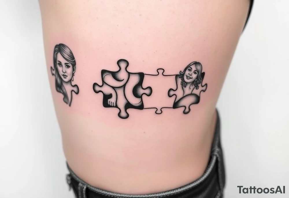 Thigh tattoo Individual Puzzle pieces of a blended family of Emily Ray Garrison Ayden Abby Gray tattoo idea
