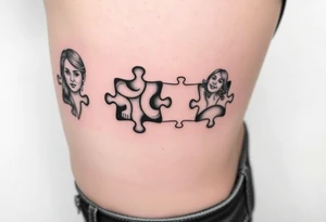 Thigh tattoo Individual Puzzle pieces of a blended family of Emily Ray Garrison Ayden Abby Gray tattoo idea
