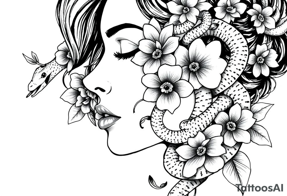 Powerful side profile woman’s face with flowers
And snakes heads tattoo idea