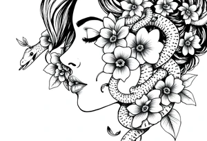 Powerful side profile woman’s face with flowers
And snakes heads tattoo idea
