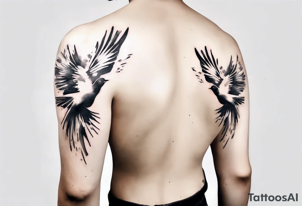 shoulder tattoo with light rays with birds flying free among the clouds, round shape, 3d effect tattoo idea