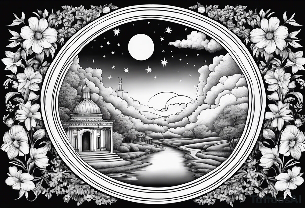 heaven town with arch
 in circle vignette surrounded by clouds flowers stars tattoo idea