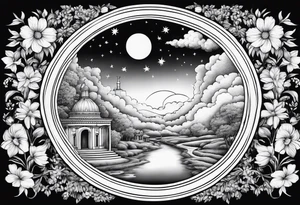 heaven town with arch
 in circle vignette surrounded by clouds flowers stars tattoo idea