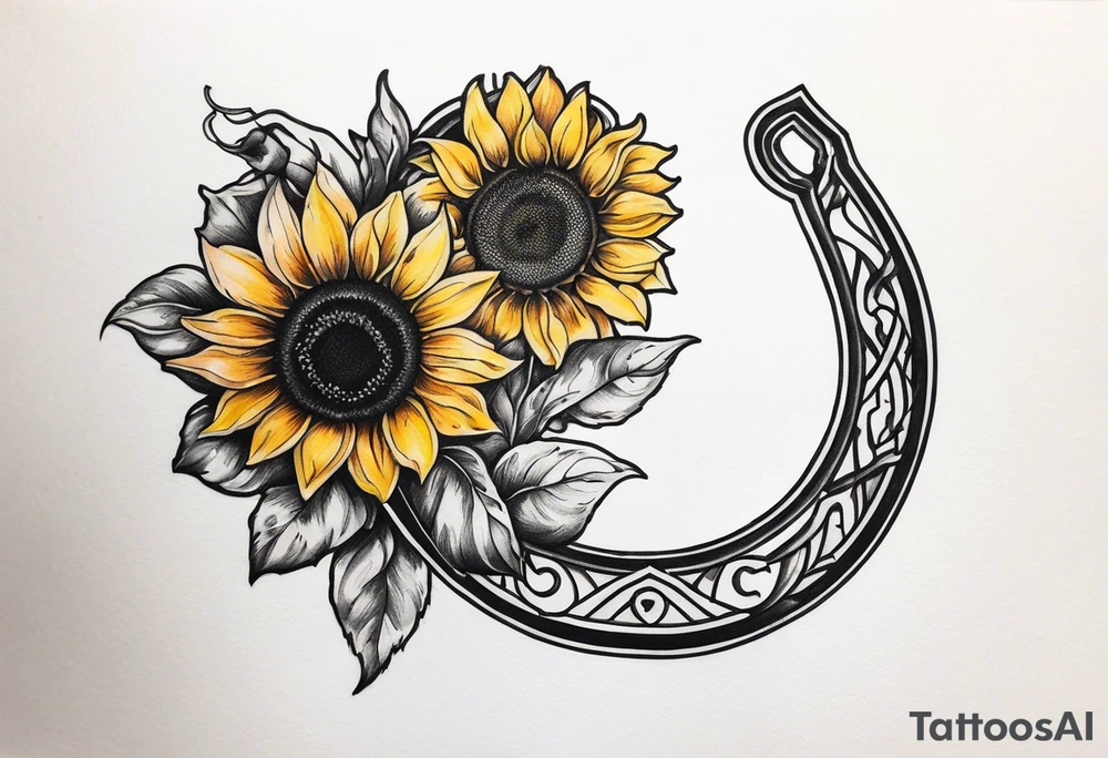 Realistic Horseshoe around a sunflower tattoo idea