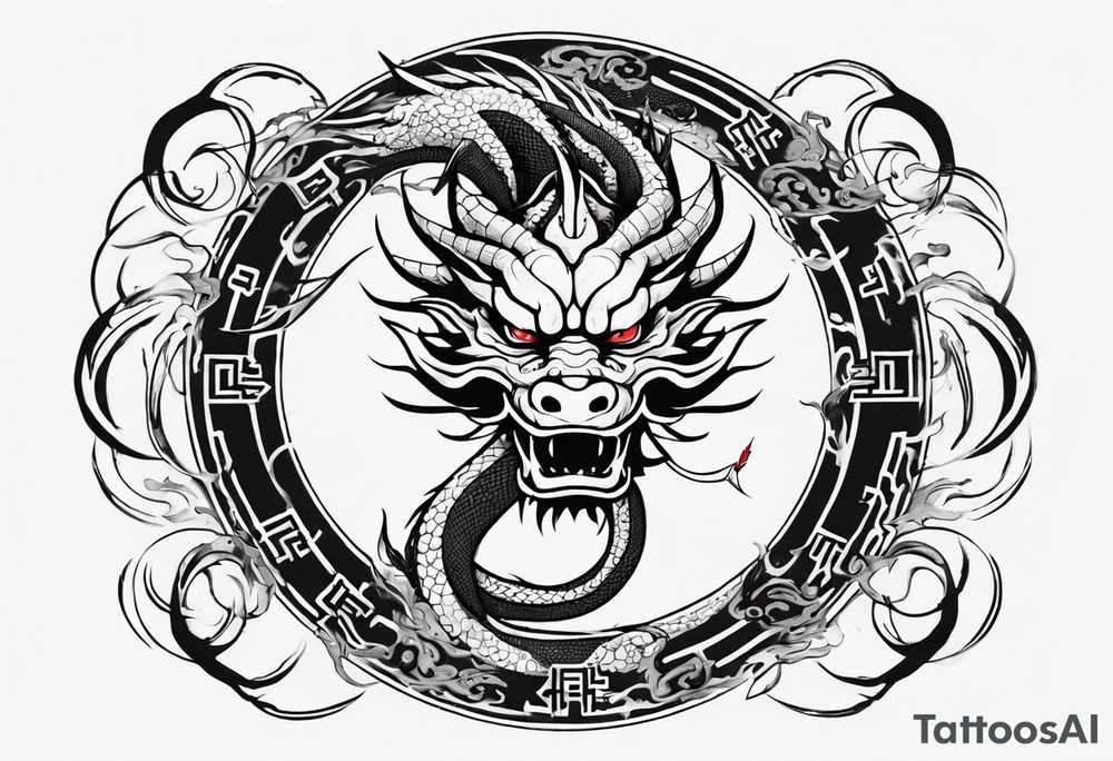Chinese dragon in a circular shape with "02.03" written on its skin tattoo idea