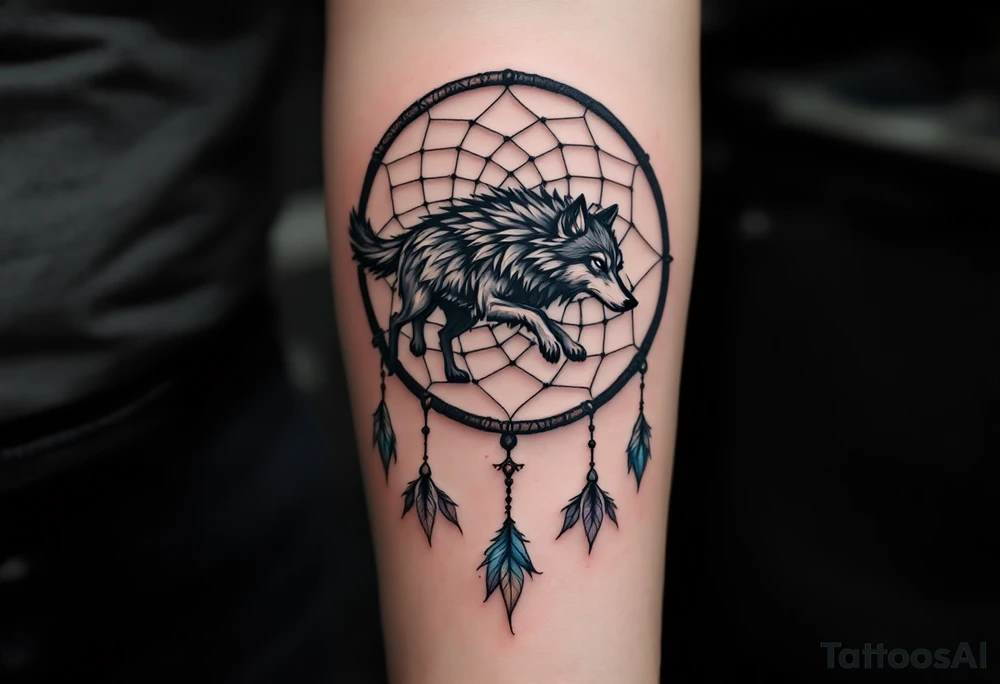 A wolf mid-stride running through the outer ring of a dreamcatcher, symbolizing perseverance, strength, and the pursuit of dreams. The web holds intricate, flowing patterns. Bold, dark greys and blacks for the wolf, with soft pastel blues and pinks for the dreamcatcher to create a sense of motion and dreamlike quality. tattoo idea