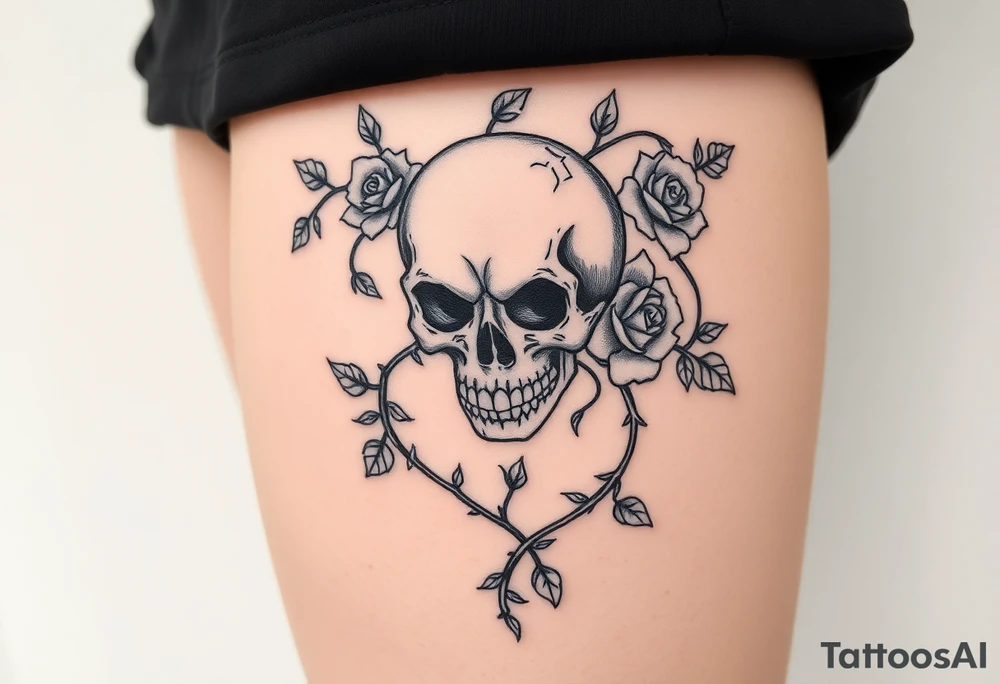 gothic skull intertwined with climbing roses and thorny vines tattoo idea