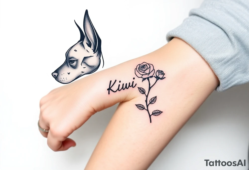 Half dead half alive zombie Brindle dog with the name kiwi . And a tiny rose tattoo idea