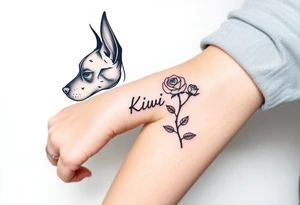 Half dead half alive zombie Brindle dog with the name kiwi . And a tiny rose tattoo idea
