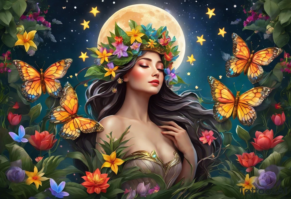 Beautiful woman made of tree, branches, and leaves surrounded by flowers. She is wearing a crown made of butterflies and has a pond and lilies near her feet with colorful vegetation. She is holding her arms upright and has her hands cupped above her head. Above her hands she has the moon, stars, and sun. The moon, stars, and sun have a flower accent. tattoo idea
