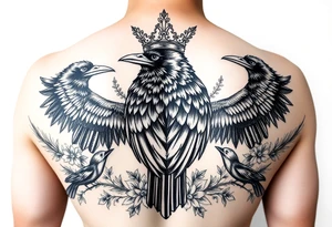 powerful majestic ravens with a crown, surrounded by floral ornaments and birds tattoo idea