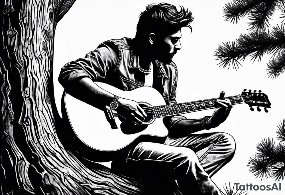 silhouette of a man sitting on a pine tree branch, playing electric guitar tattoo idea