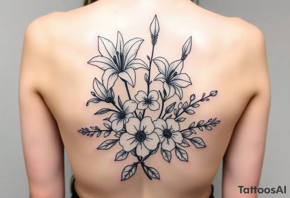 lilies, cherry blossoms and arrowhead plant in a floral wrap tattoo idea