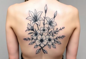 lilies, cherry blossoms and arrowhead plant in a floral wrap tattoo idea