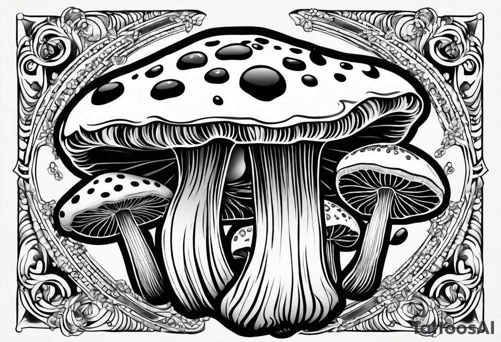 Large Shaggy cap mushroom dripping ink off cap with 4 smaller mushrooms around it mandala henna black tattoo design tattoo idea