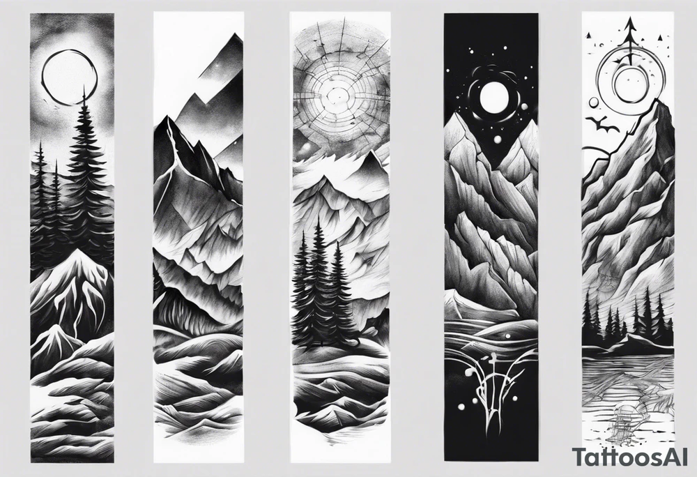 men’s arm sleeve mountains branches tattoo idea