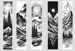 men’s arm sleeve mountains branches tattoo idea