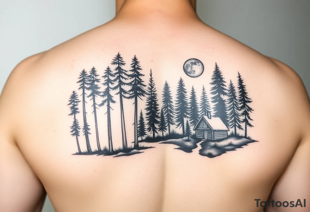 Black and white tattoo on the bottom half of the arm.  Tall trees in the woods surrounded by a lake.  With a cabin to the right front.  And a moon reflecting off the lake. tattoo idea