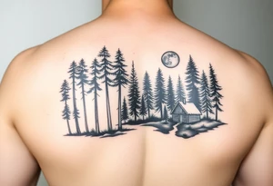 Black and white tattoo on the bottom half of the arm.  Tall trees in the woods surrounded by a lake.  With a cabin to the right front.  And a moon reflecting off the lake. tattoo idea