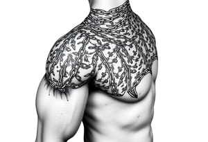 Huge shoulder tattoo of chainmail covering entire arm up to neck tattoo idea