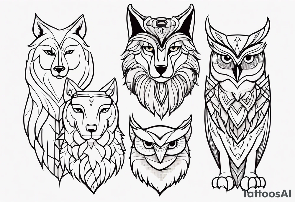 A Wolf as a father, an owl as the son and a lioness as the daughter. tattoo idea