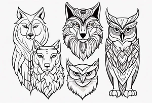 A Wolf as a father, an owl as the son and a lioness as the daughter. tattoo idea