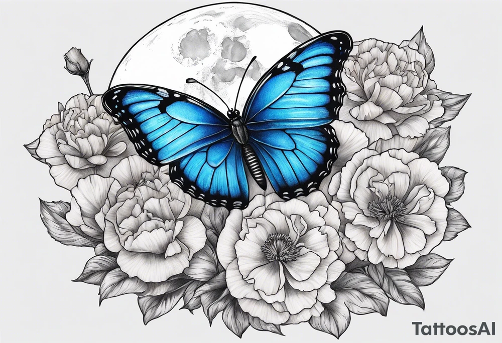 Blue butterfly moon carnation tattoo idea