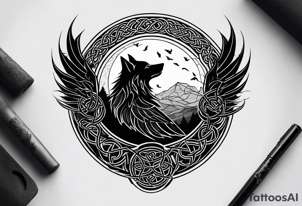 A tattoo with the celtic symbol triskelion, a wolf and a raven set on the backdrops of a dark night moon, cloud and small ravens flying around tattoo idea