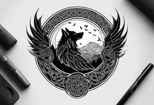 A tattoo with the celtic symbol triskelion, a wolf and a raven set on the backdrops of a dark night moon, cloud and small ravens flying around tattoo idea