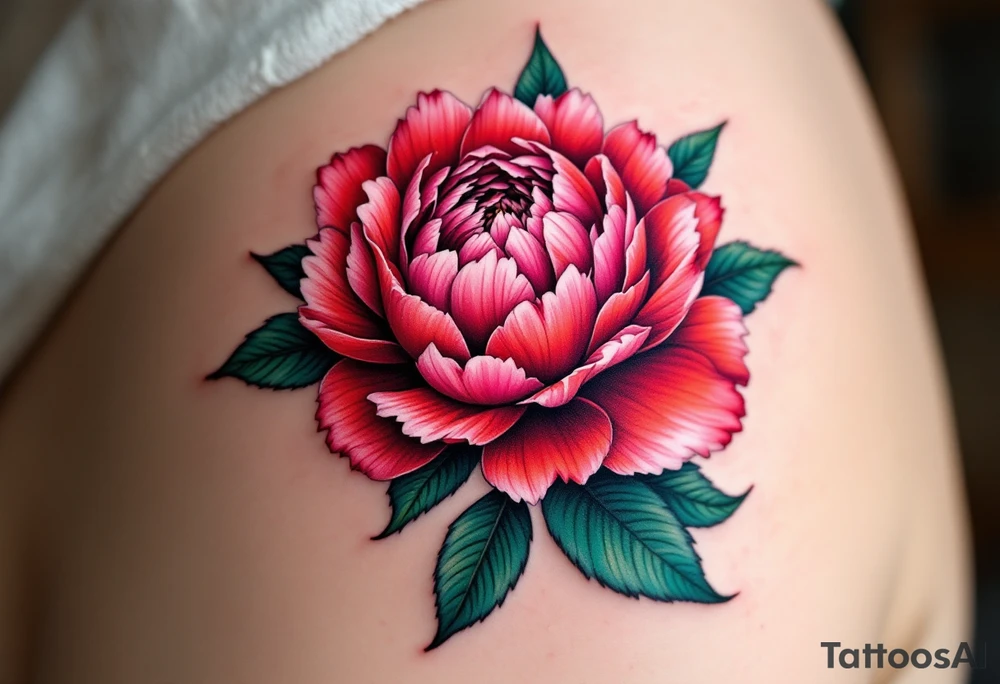 ChatGPT řekl:
A vibrant peony tattoo featuring lush, layered petals in deep crimson and soft blush pink, with dark green leaves edged in black for bold contrast and subtle white highlights to add depth and realism. tattoo idea