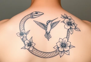 powerful beautiful snake holds hummingbird with flowers tattoo idea