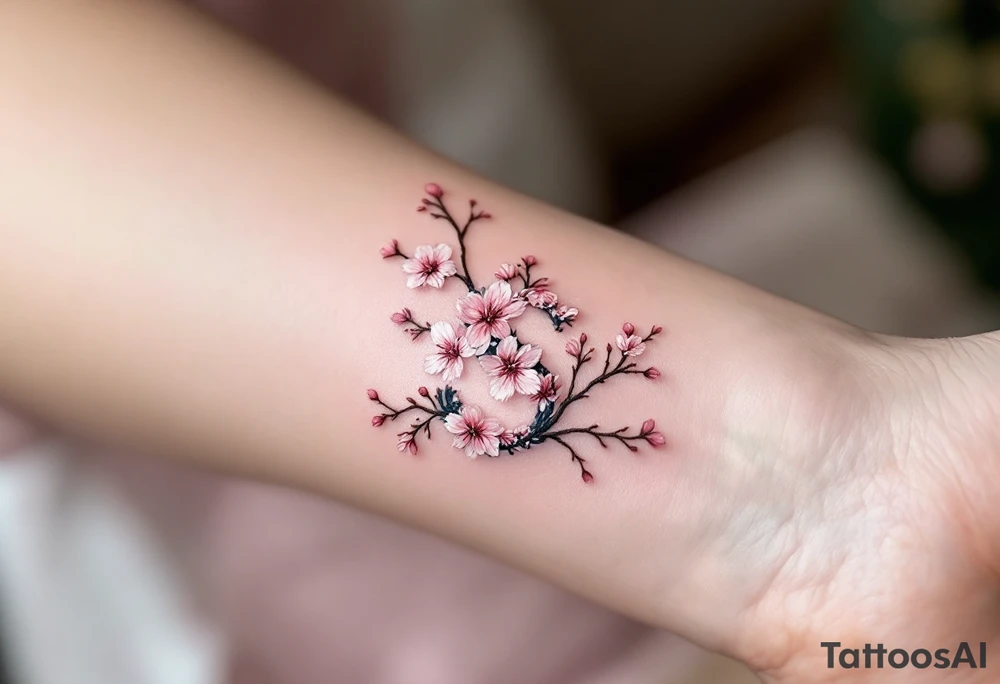 A cherry blossom-covered "S" with pale pink flowers and brown branches. tattoo idea