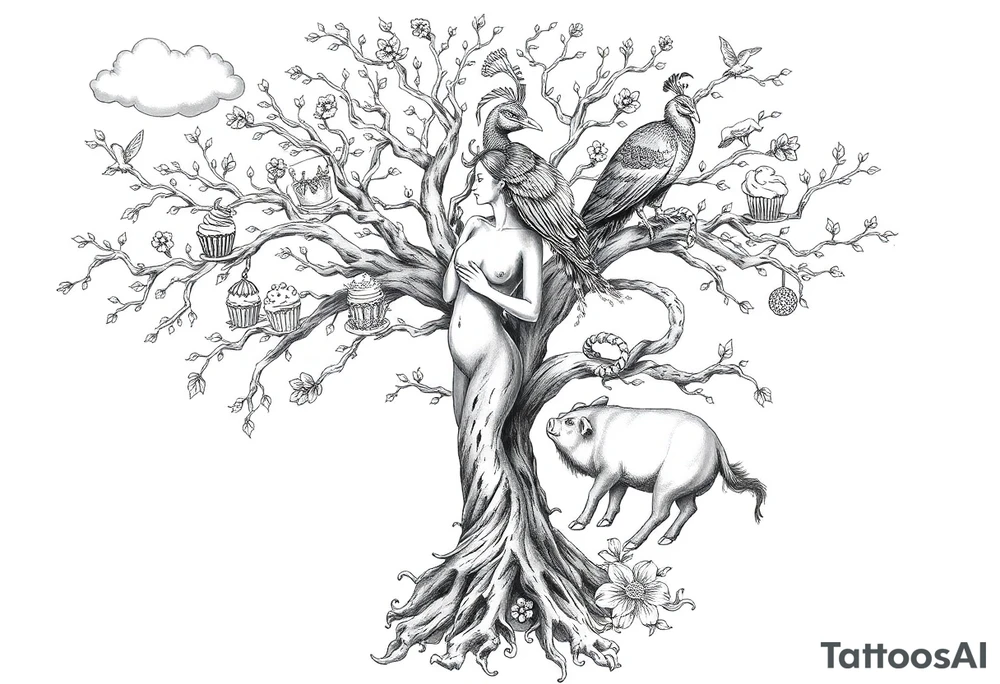 mystical tree with  and celestial branches fat naked sexy woman , peacock , pig , cupcakes, liquor, cigerette, Storm clouds, pig, peacock , fat sexy naked fat woman, cake,  noose , money, goat lion, man having sex, cigerette, storm lightening, killing, darkness death, violent majestic creatures tattoo idea