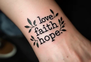 Minimalist black typewriter font love faith hope surrounded by delicate olive branches in deep green. tattoo idea