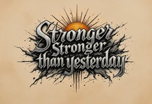 “Stronger than yesterday” in metallic silver ink, accented with subtle bronze lines forming a rising sun. tattoo idea