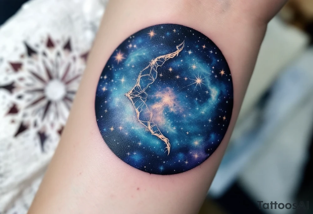 The Sagittarius star constellation embedded in a circular night-sky portal with dark blue and silver shading. tattoo idea