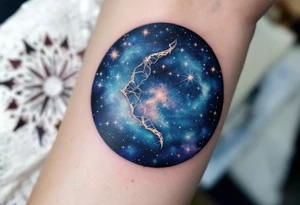 The Sagittarius star constellation embedded in a circular night-sky portal with dark blue and silver shading. tattoo idea