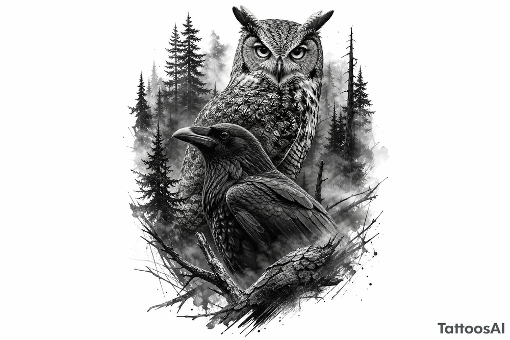 Detailed raven and owl in a dense, foggy forest, photorealistic style. tattoo idea