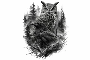 Detailed raven and owl in a dense, foggy forest, photorealistic style. tattoo idea