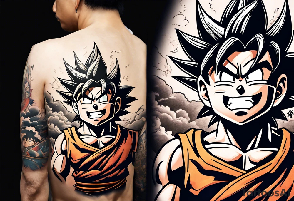 little Son-Goku in the foreground and an older version of him as a super sayin behind him tattoo idea