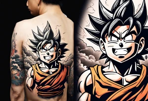 little Son-Goku in the foreground and an older version of him as a super sayin behind him tattoo idea