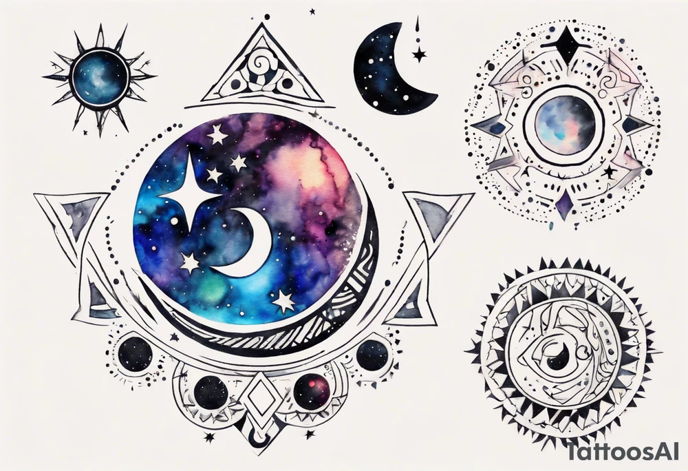 Shoulder to shoulder, moon phase, Tribal Tattoo design that depicts with tribal patterns, geometric swirls, mesmerizing blend of vibrant watercolor splatter, stars, and galaxies, dreamy and otherworldly effect, solar system,astronomy tattoo idea